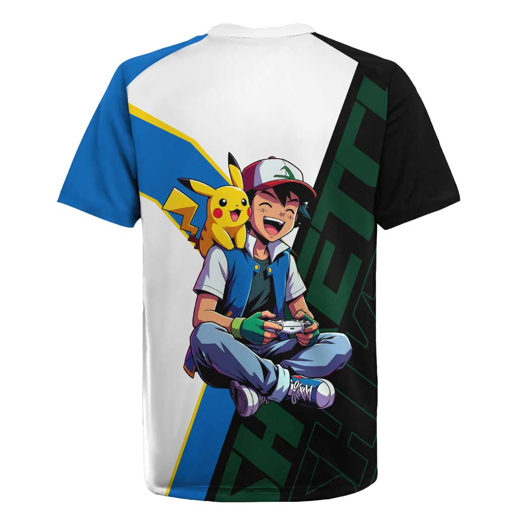 Ash & Pikachu Poké Rugby Jersey Vibrant Anime Character Style