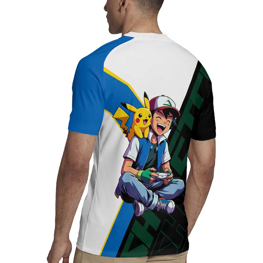 Ash & Pikachu Poké Rugby Jersey Vibrant Anime Character Style