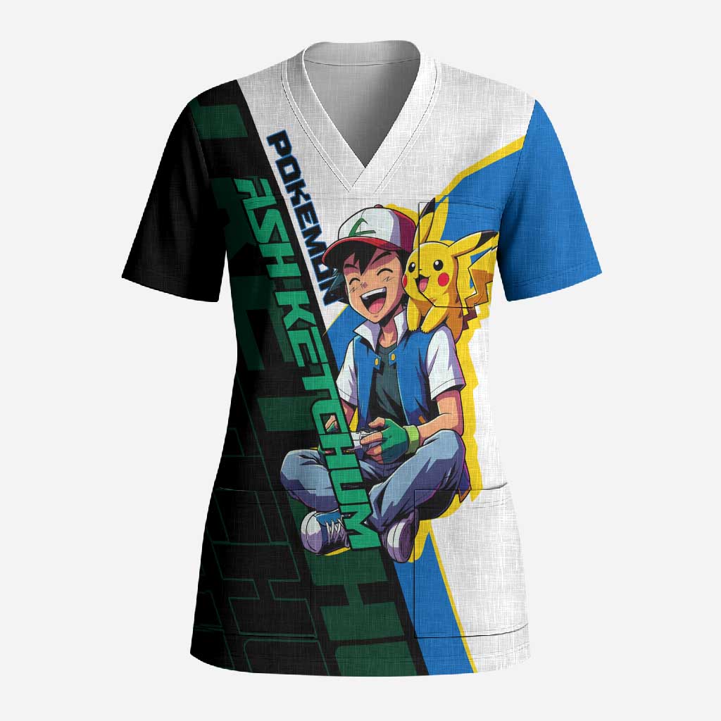 Ash & Pikachu Poké Scrub Top Vibrant Anime Character Style