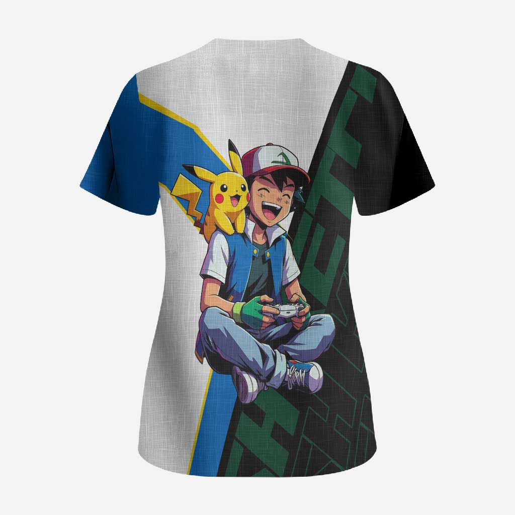 Ash & Pikachu Poké Scrub Top Vibrant Anime Character Style