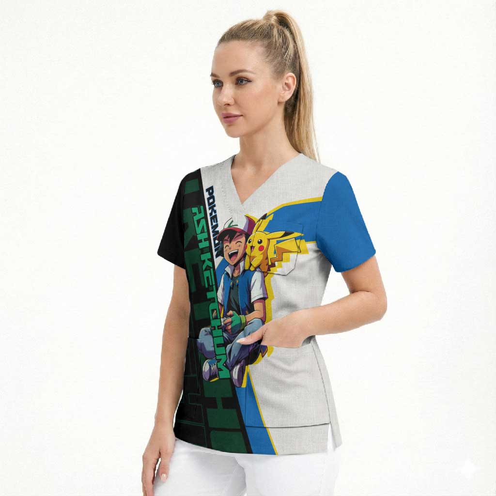 Ash & Pikachu Poké Scrub Top Vibrant Anime Character Style