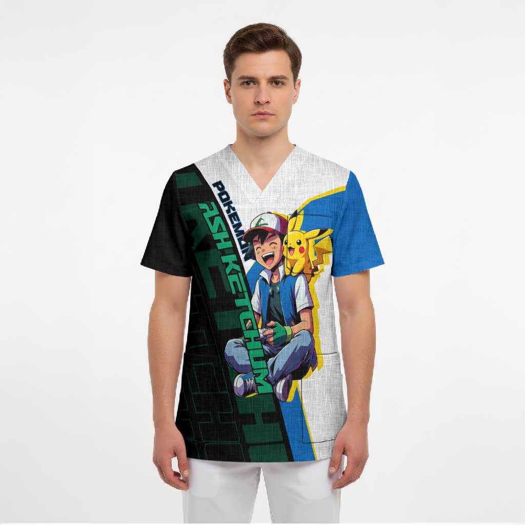 Ash & Pikachu Poké Scrub Top Vibrant Anime Character Style