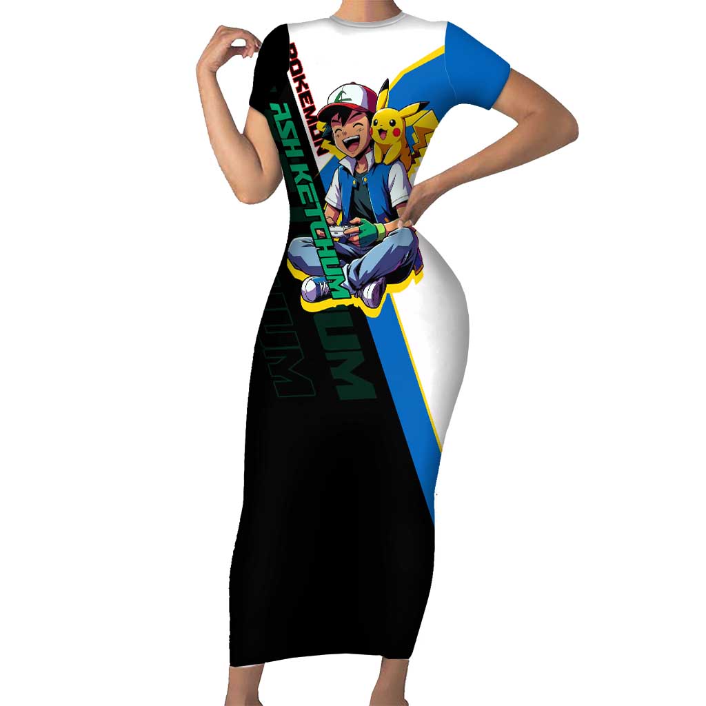 Ash & Pikachu Poké Short Sleeve Bodycon Dress Vibrant Anime Character Style