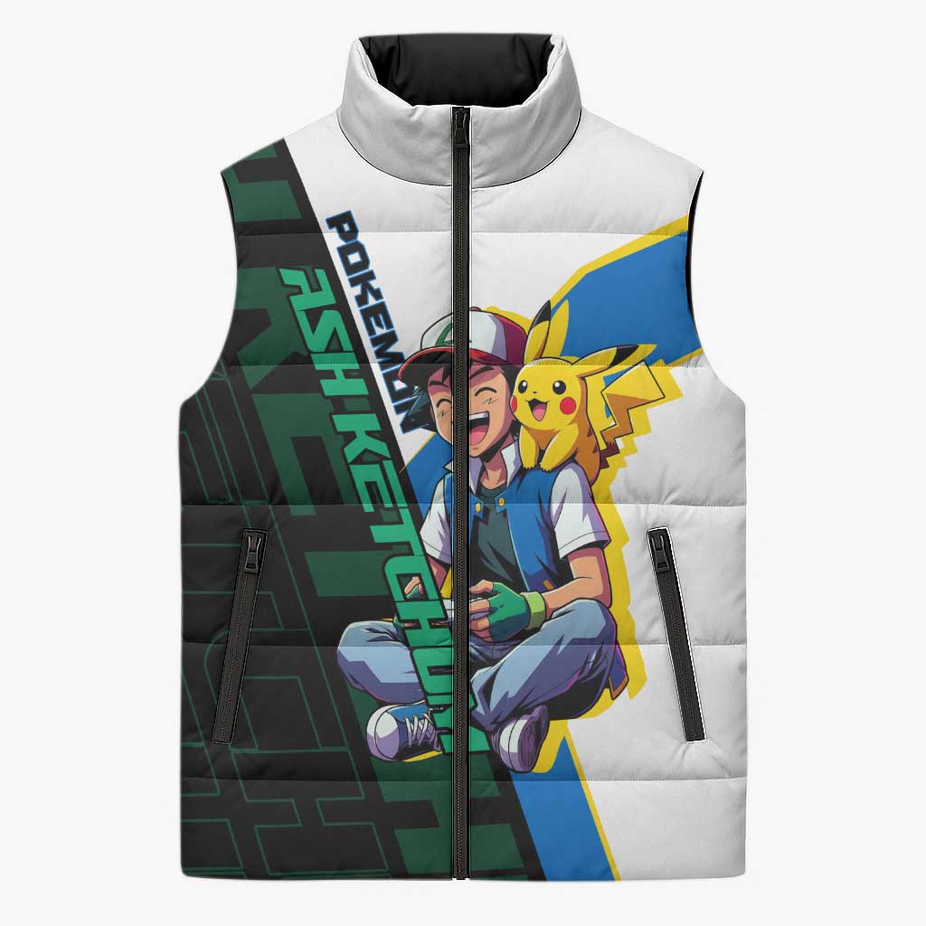 Ash & Pikachu Poké Sleeveless Puffer Jacket Vibrant Anime Character Style