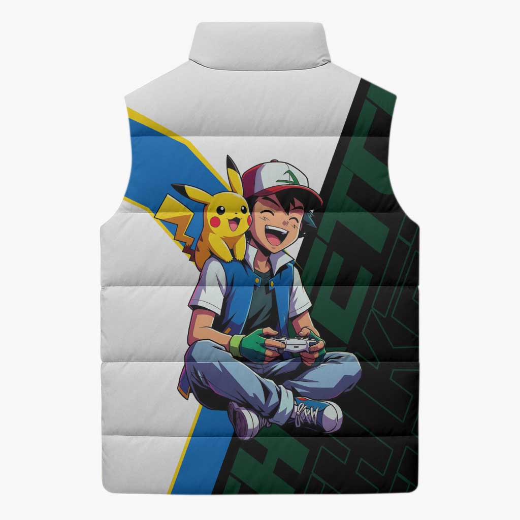 Ash & Pikachu Poké Sleeveless Puffer Jacket Vibrant Anime Character Style