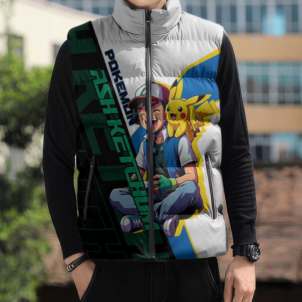 Ash & Pikachu Poké Sleeveless Puffer Jacket Vibrant Anime Character Style