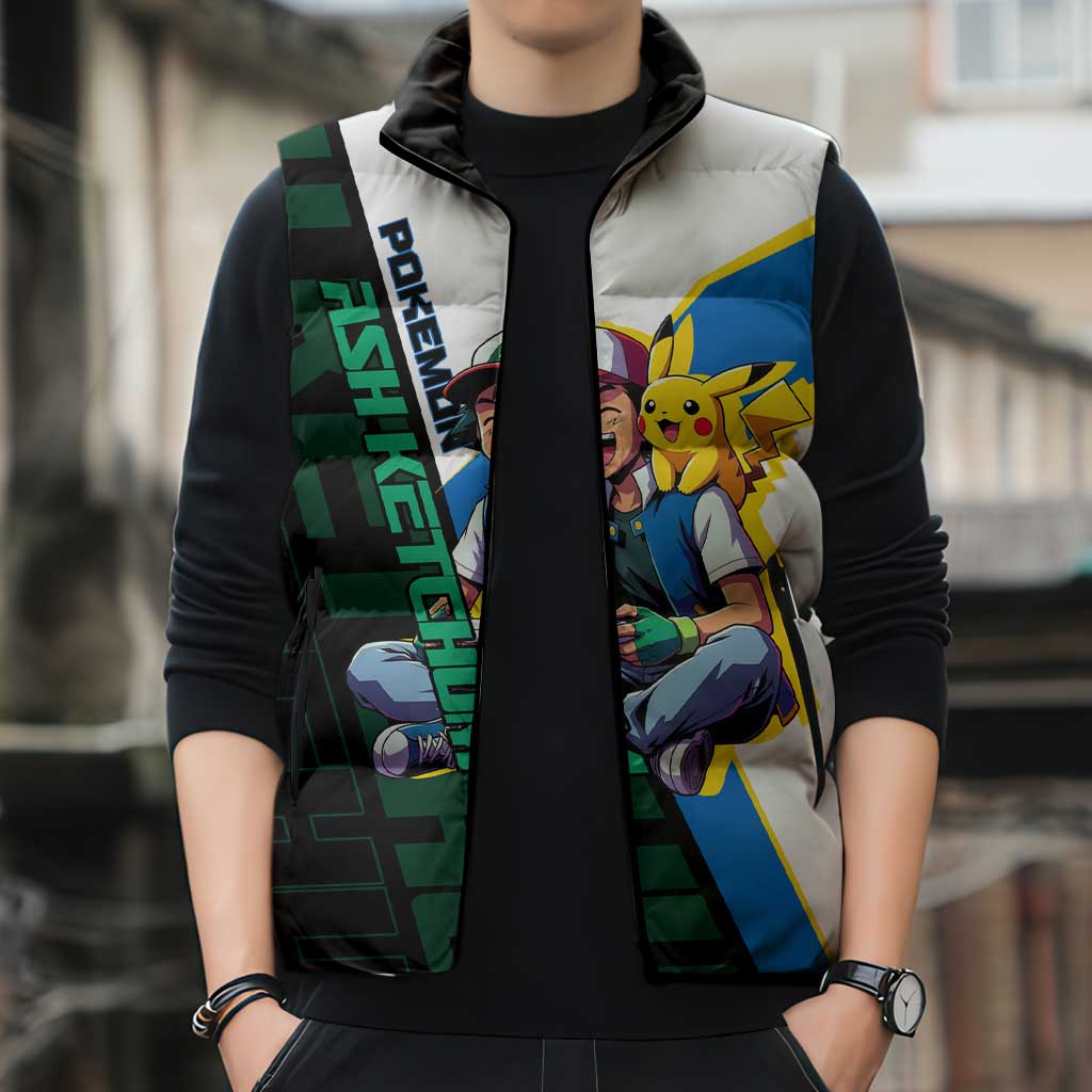 Ash & Pikachu Poké Sleeveless Puffer Jacket Vibrant Anime Character Style