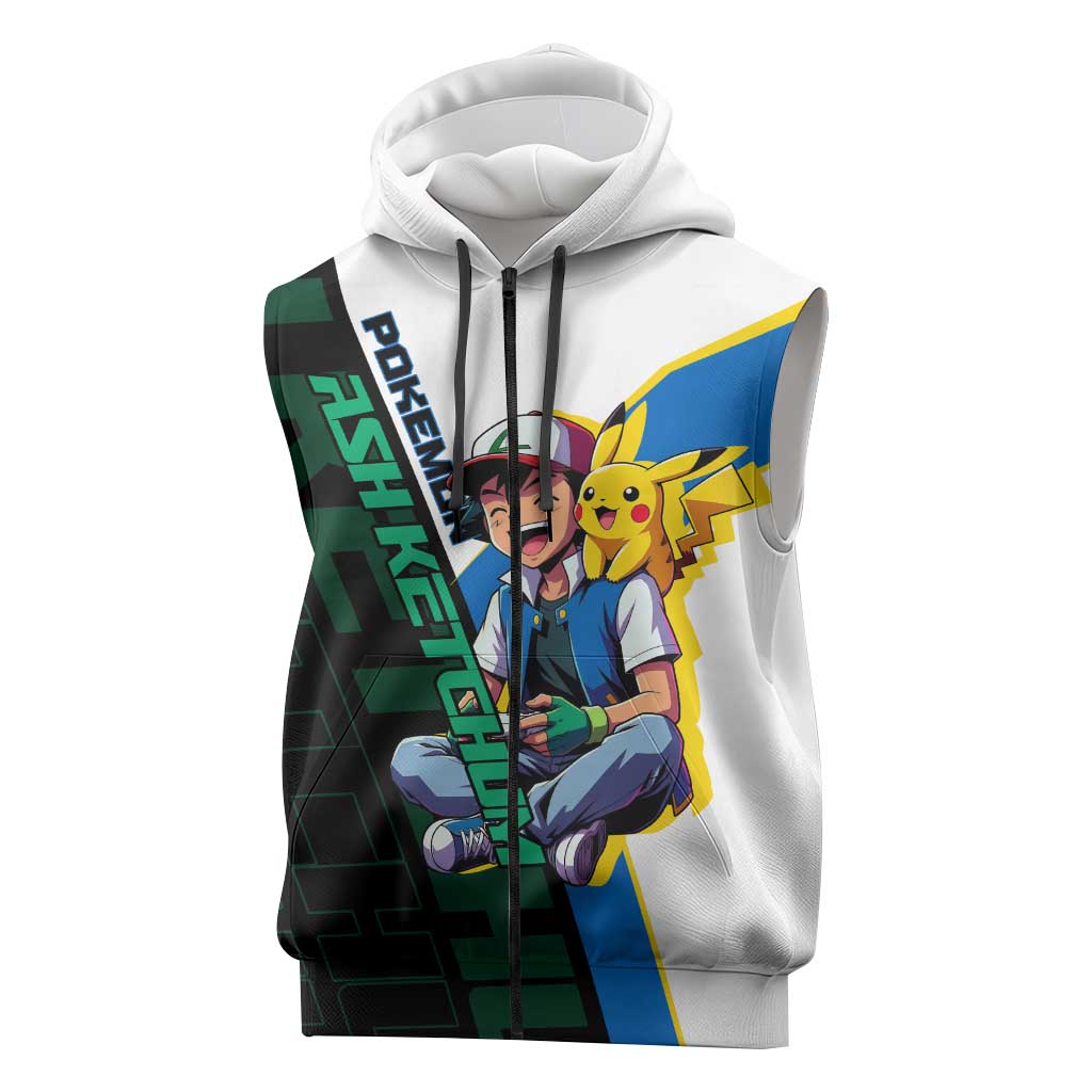 Ash & Pikachu Poké Sleeveless Zip Hoodie Vibrant Anime Character Style