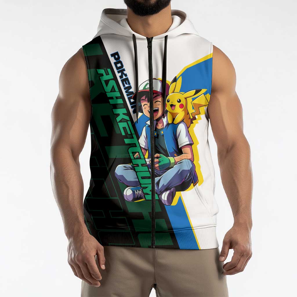 Ash & Pikachu Poké Sleeveless Zip Hoodie Vibrant Anime Character Style