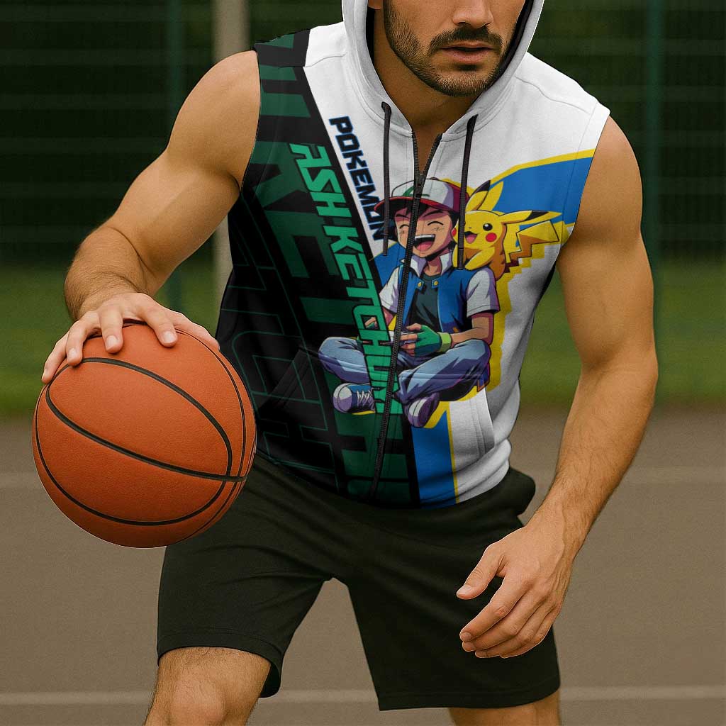 Ash & Pikachu Poké Sleeveless Zip Hoodie Vibrant Anime Character Style