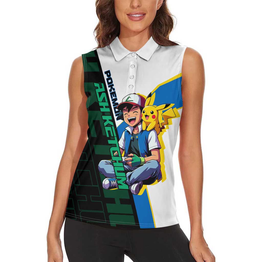 Ash & Pikachu Poké Women Sleeveless Polo Shirt Vibrant Anime Character Style