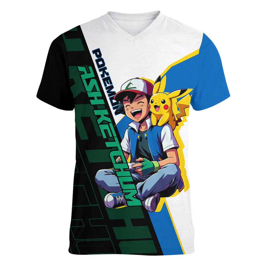 Ash & Pikachu Poké Women V-Neck T-Shirt Vibrant Anime Character Style