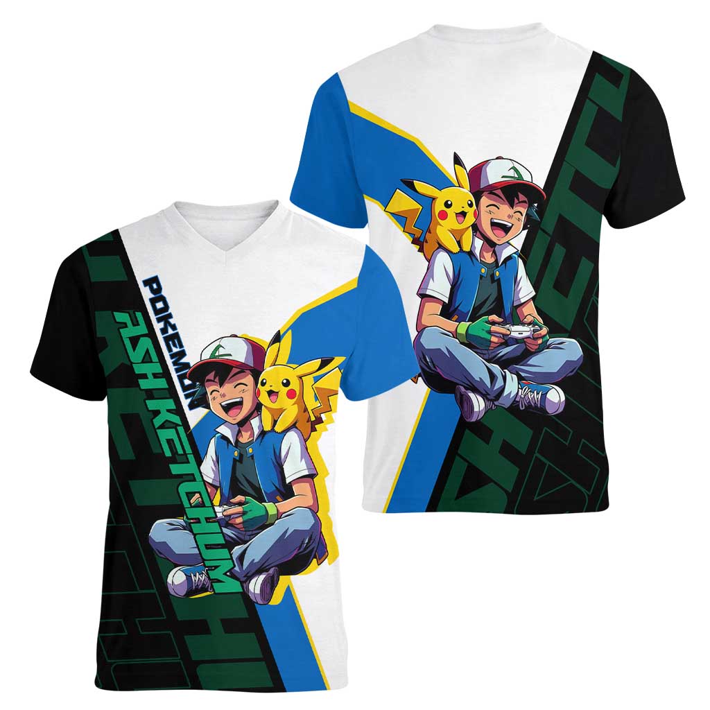 Ash & Pikachu Poké Women V-Neck T-Shirt Vibrant Anime Character Style