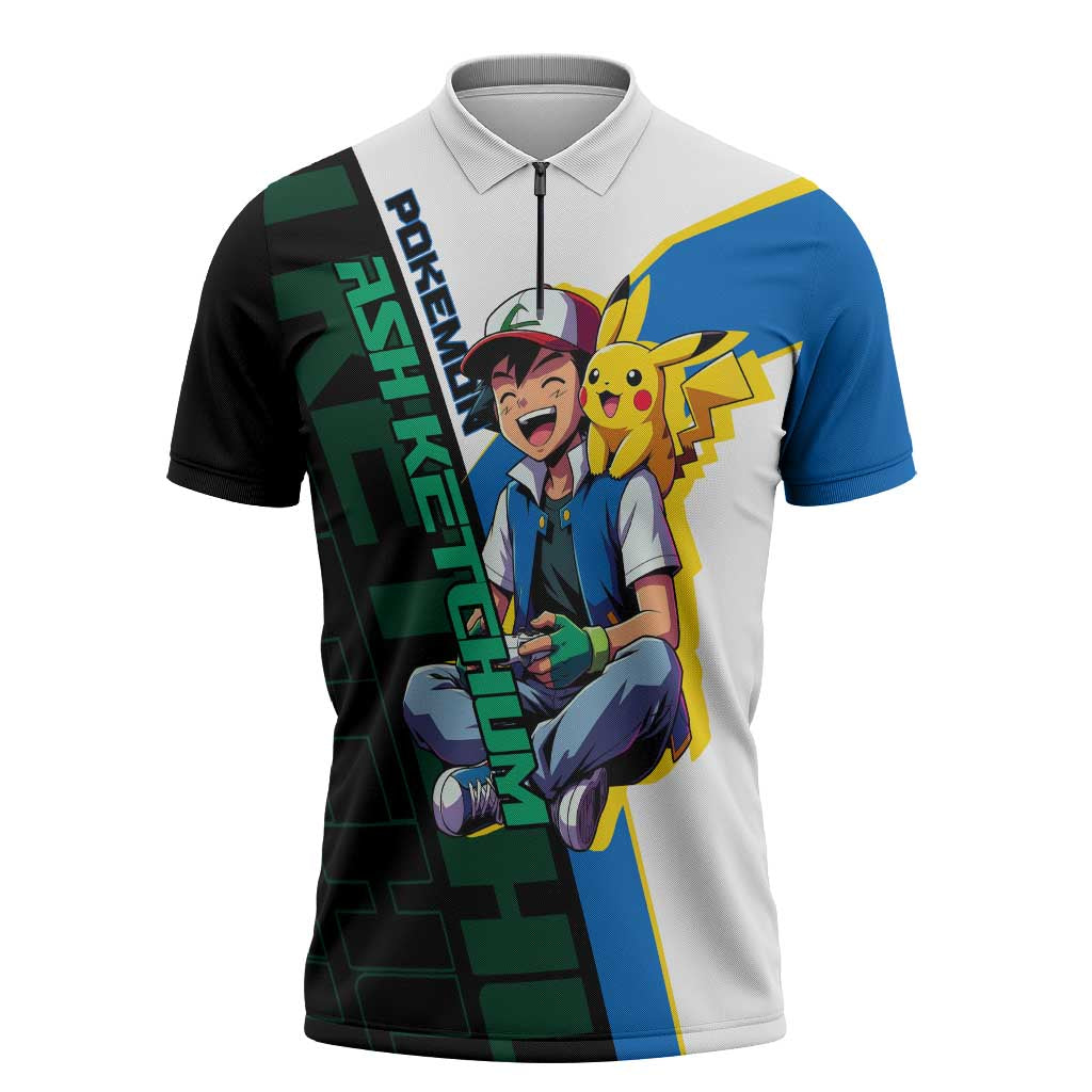 Ash & Pikachu Poké Zipper Polo Shirt Vibrant Anime Character Style
