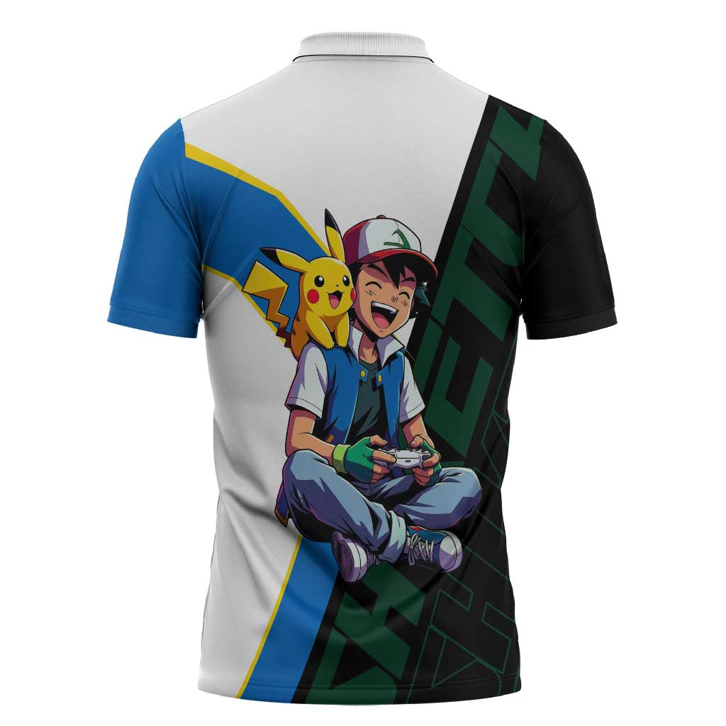 Ash & Pikachu Poké Zipper Polo Shirt Vibrant Anime Character Style
