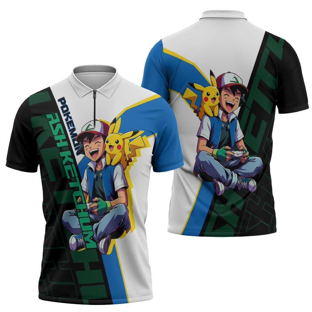 Ash & Pikachu Poké Zipper Polo Shirt Vibrant Anime Character Style