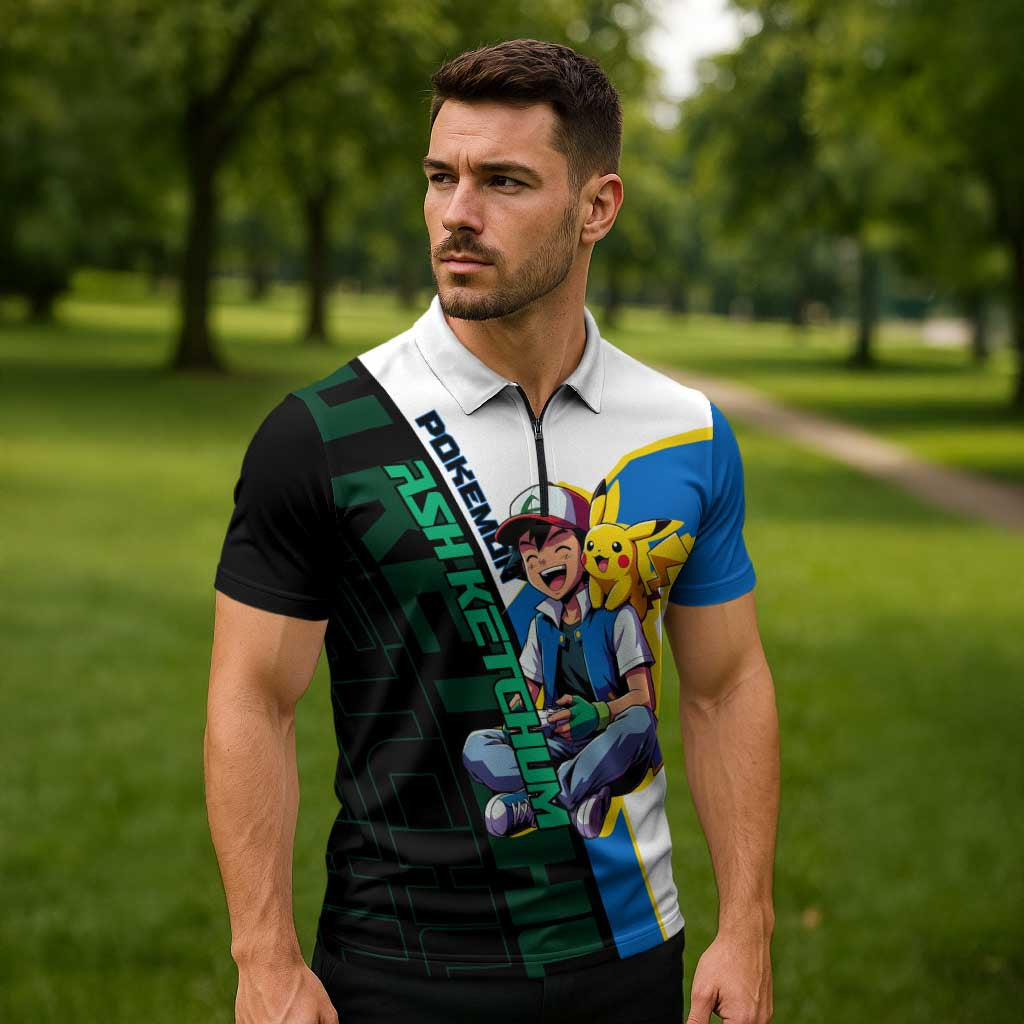 Ash & Pikachu Poké Zipper Polo Shirt Vibrant Anime Character Style