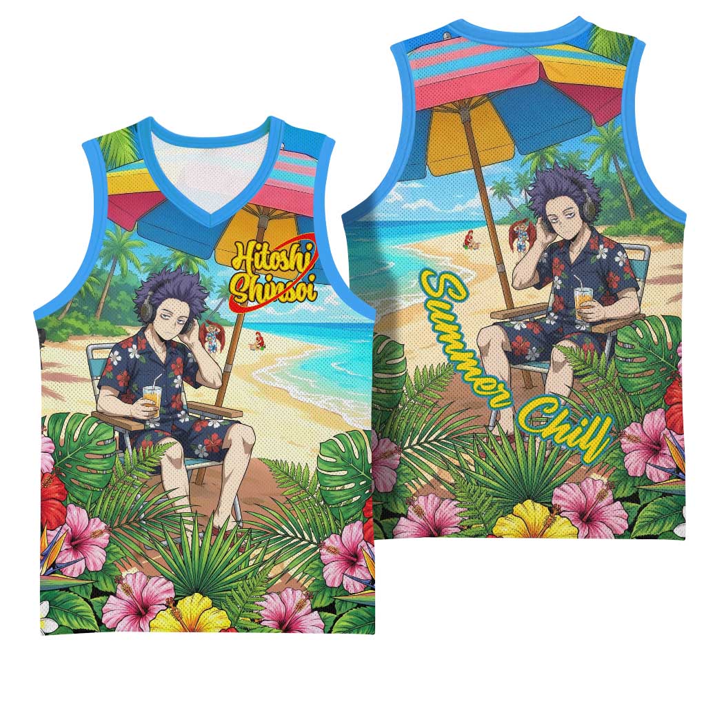 Hitoshi Shinso Summer Chill Basketball Jersey Tropical Anime Lounge Scene