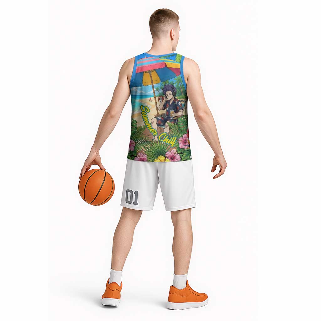 Hitoshi Shinso Summer Chill Basketball Jersey Tropical Anime Lounge Scene