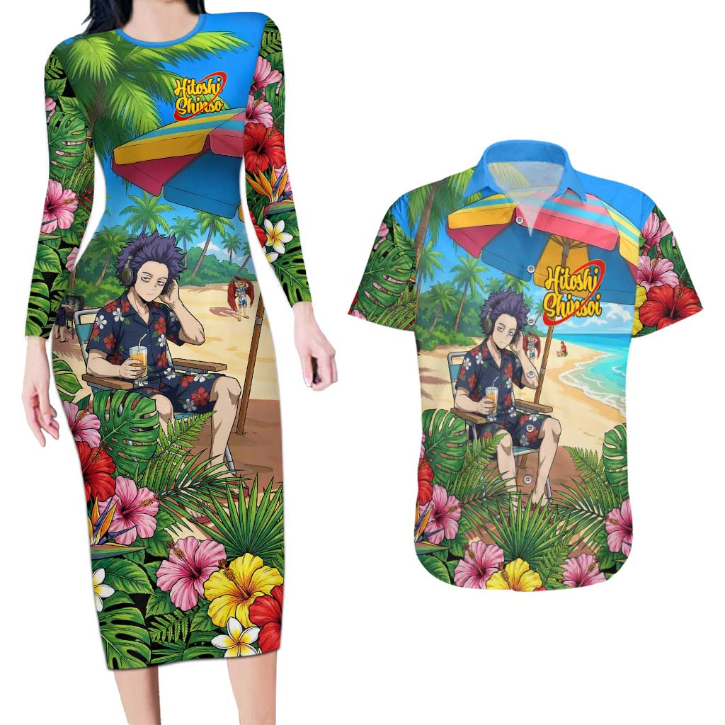 Hitoshi Shinso Summer Chill Couples Matching Long Sleeve Bodycon Dress and Hawaiian Shirt Tropical Anime Lounge Scene