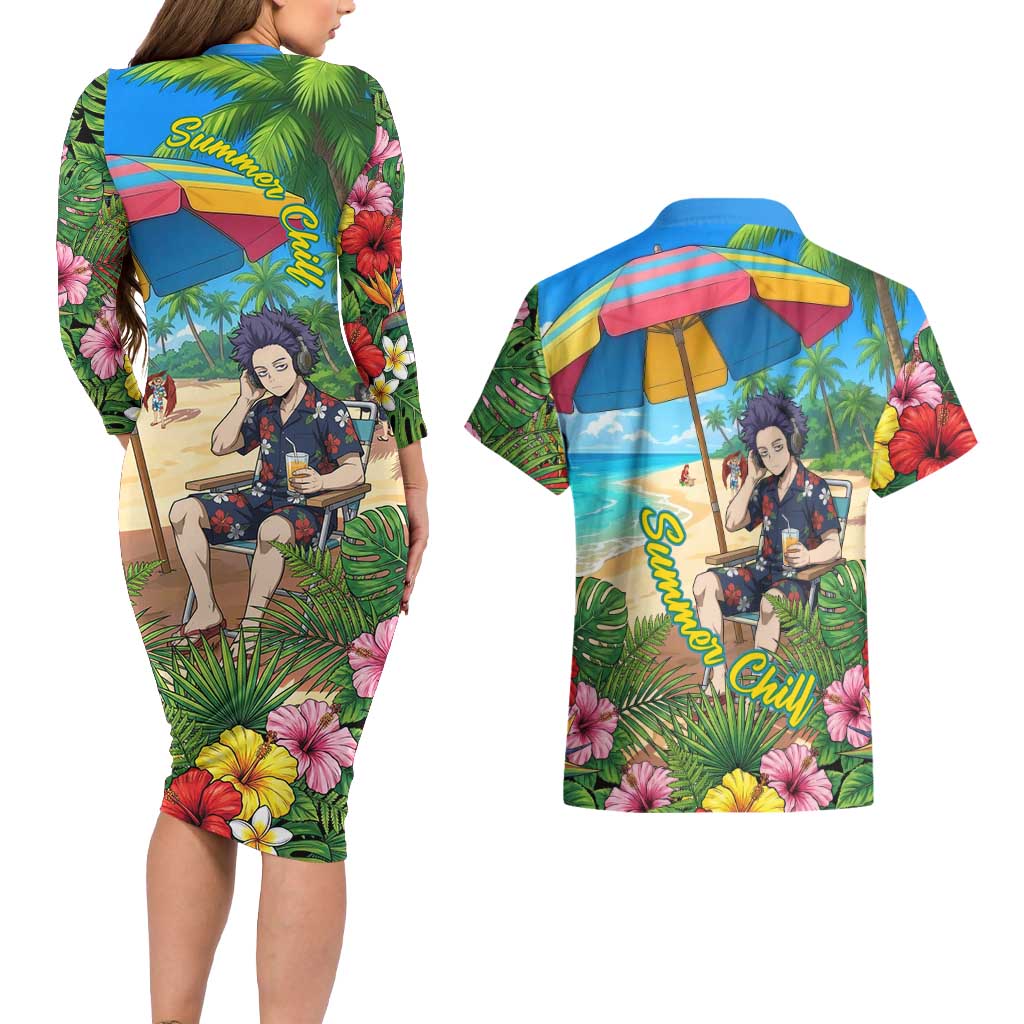 Hitoshi Shinso Summer Chill Couples Matching Long Sleeve Bodycon Dress and Hawaiian Shirt Tropical Anime Lounge Scene
