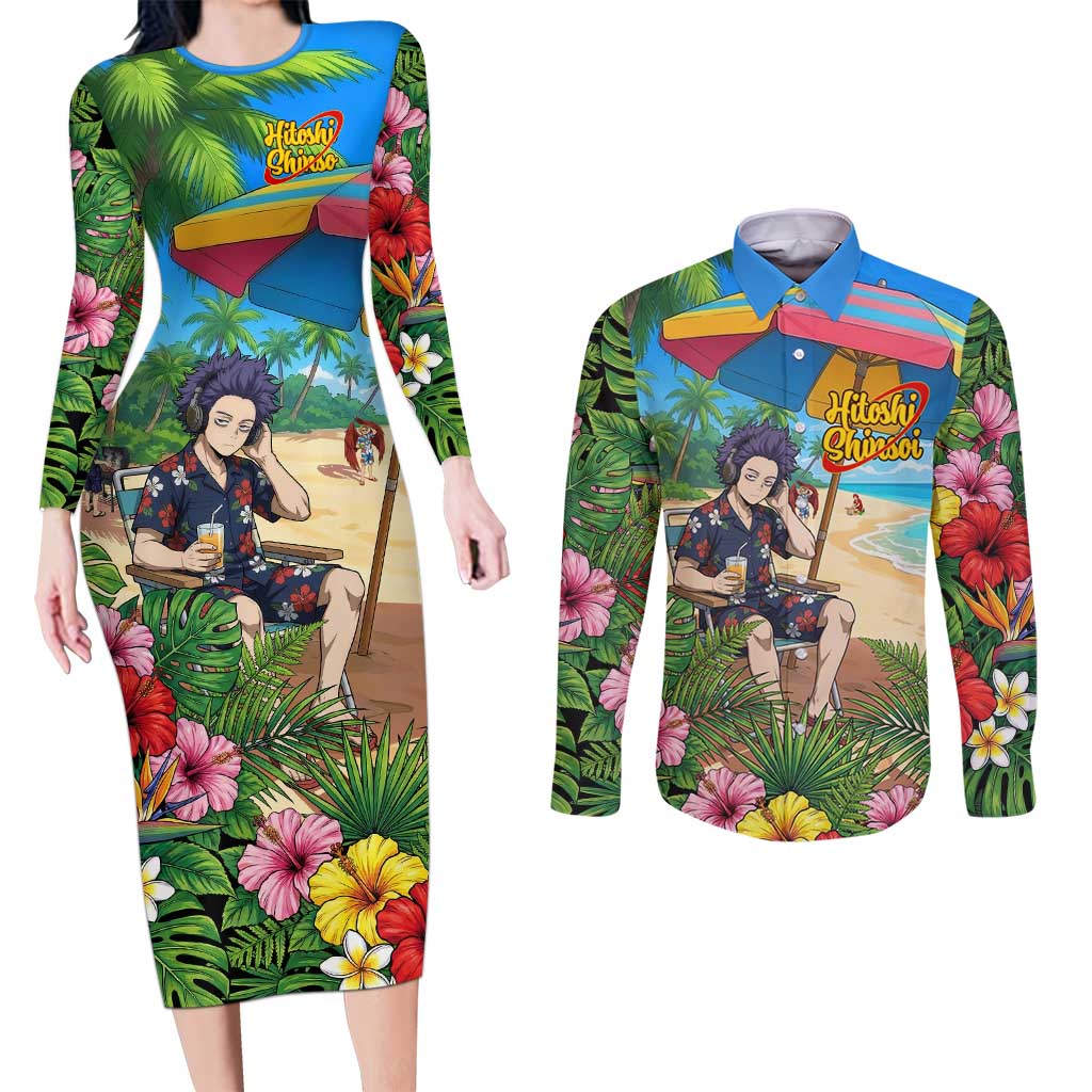 Hitoshi Shinso Summer Chill Couples Matching Long Sleeve Bodycon Dress and Long Sleeve Button Shirt Tropical Anime Lounge Scene