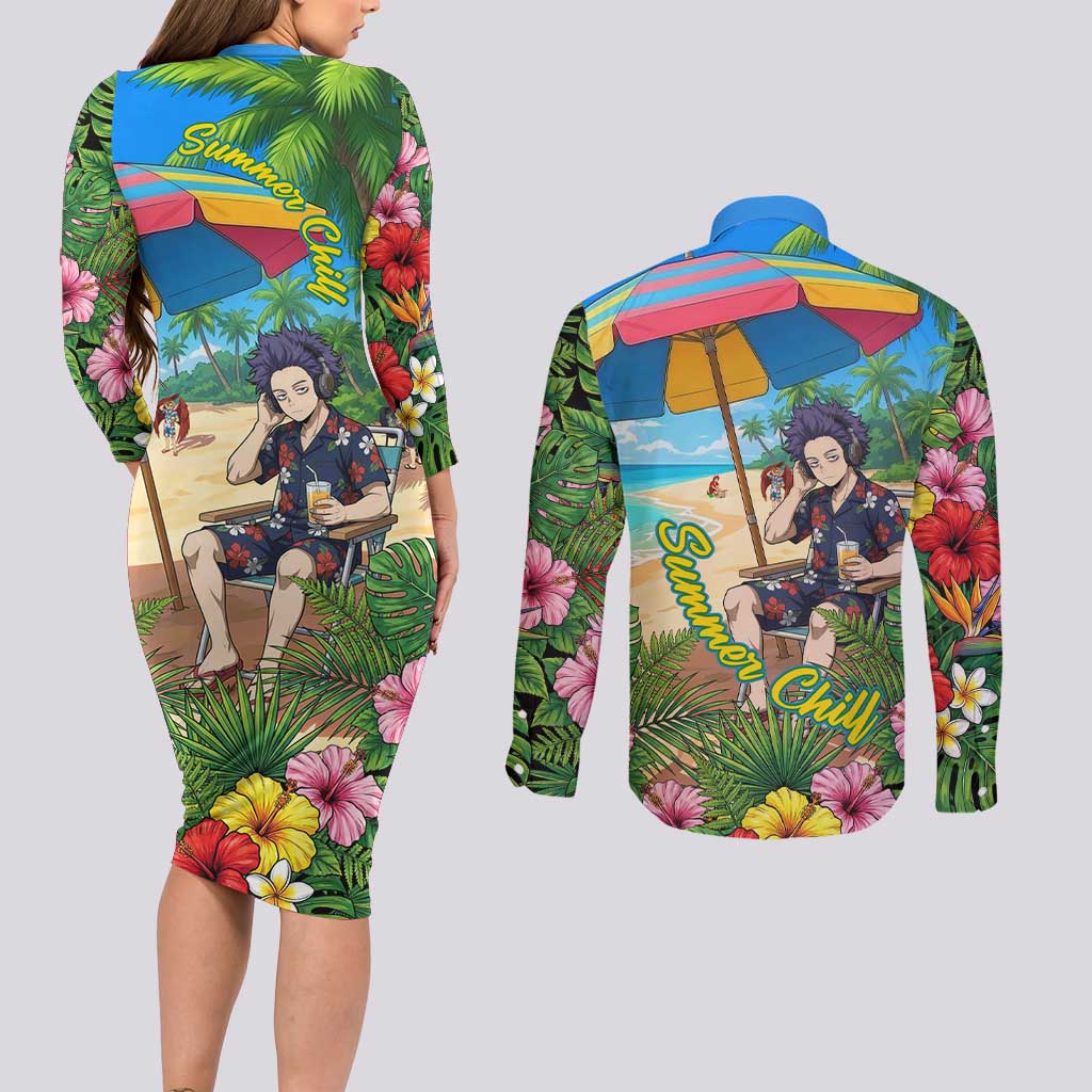 Hitoshi Shinso Summer Chill Couples Matching Long Sleeve Bodycon Dress and Long Sleeve Button Shirt Tropical Anime Lounge Scene