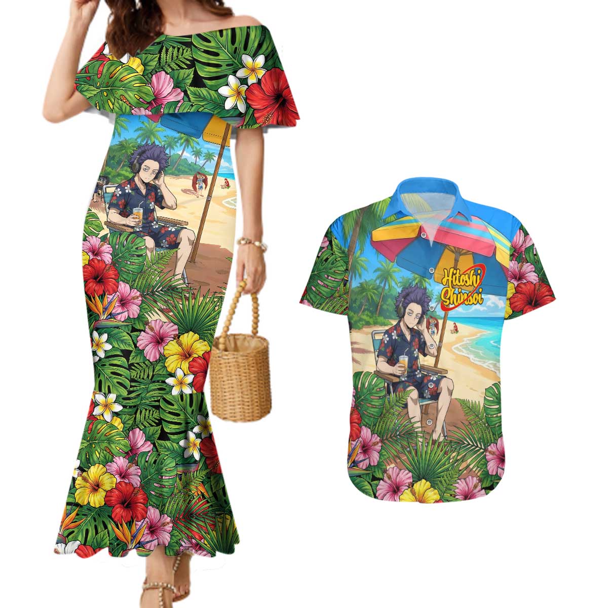 Hitoshi Shinso Summer Chill Couples Matching Mermaid Dress and Hawaiian Shirt Tropical Anime Lounge Scene