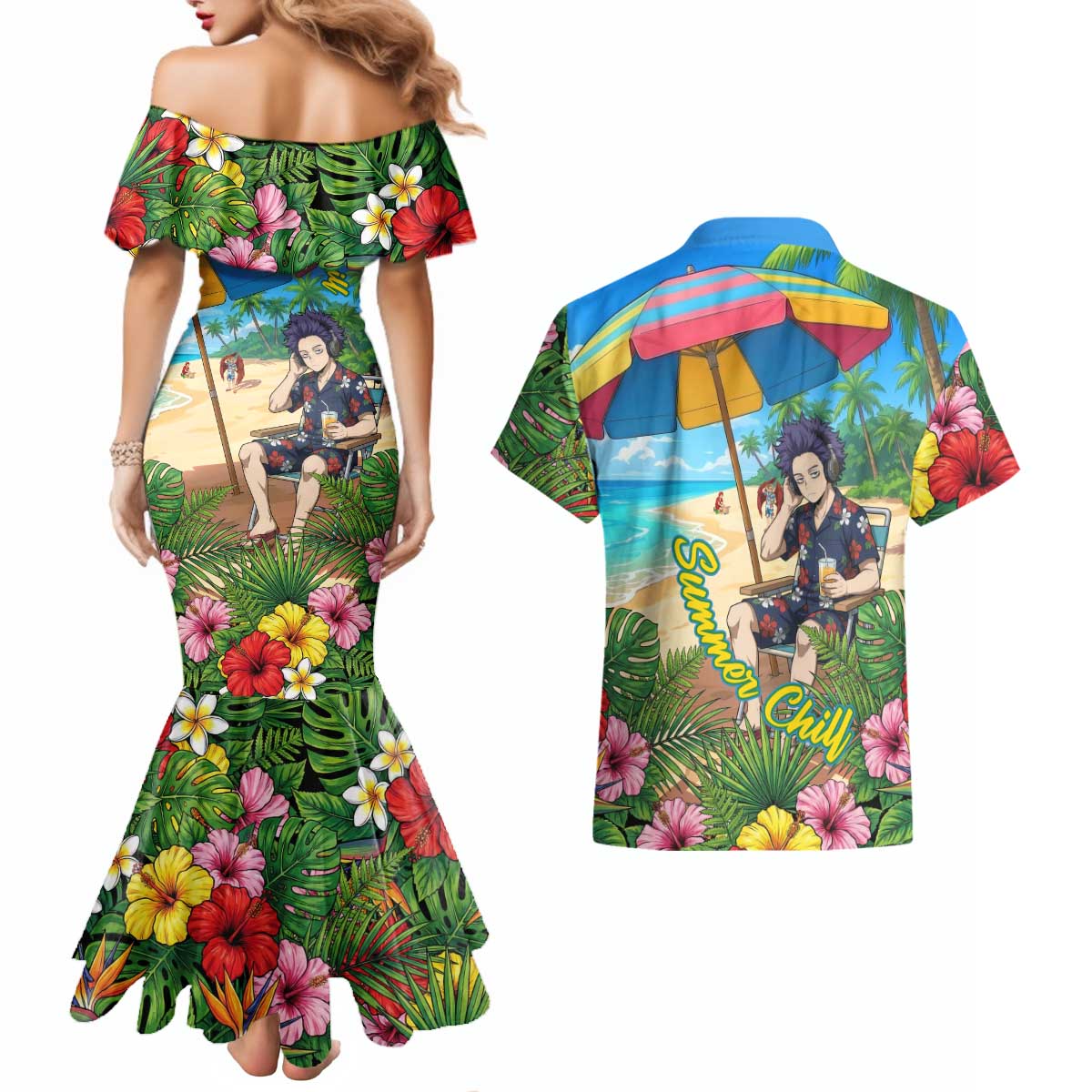 Hitoshi Shinso Summer Chill Couples Matching Mermaid Dress and Hawaiian Shirt Tropical Anime Lounge Scene