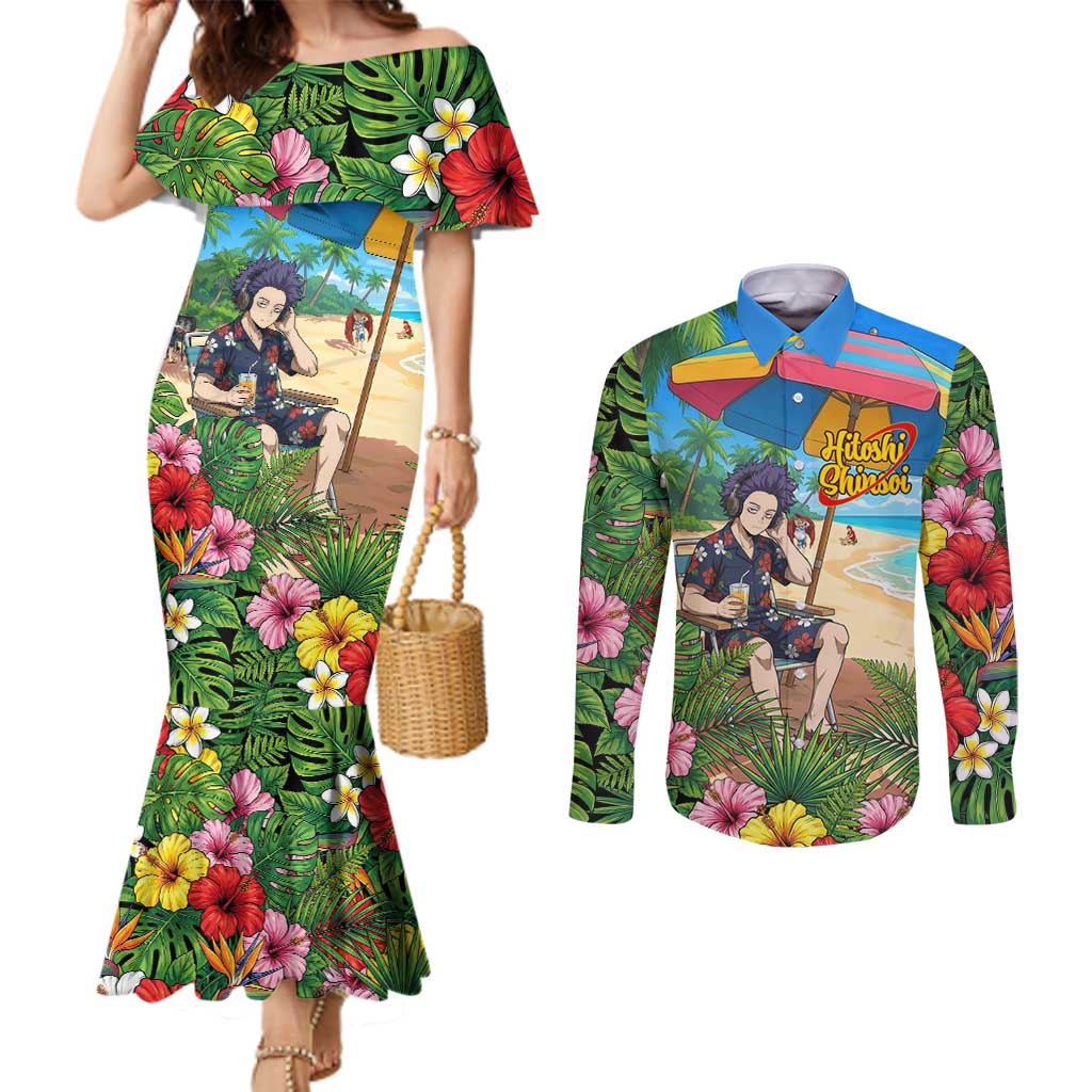 Hitoshi Shinso Summer Chill Couples Matching Mermaid Dress and Long Sleeve Button Shirt Tropical Anime Lounge Scene