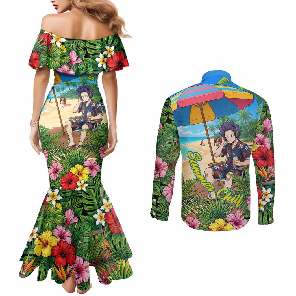Hitoshi Shinso Summer Chill Couples Matching Mermaid Dress and Long Sleeve Button Shirt Tropical Anime Lounge Scene
