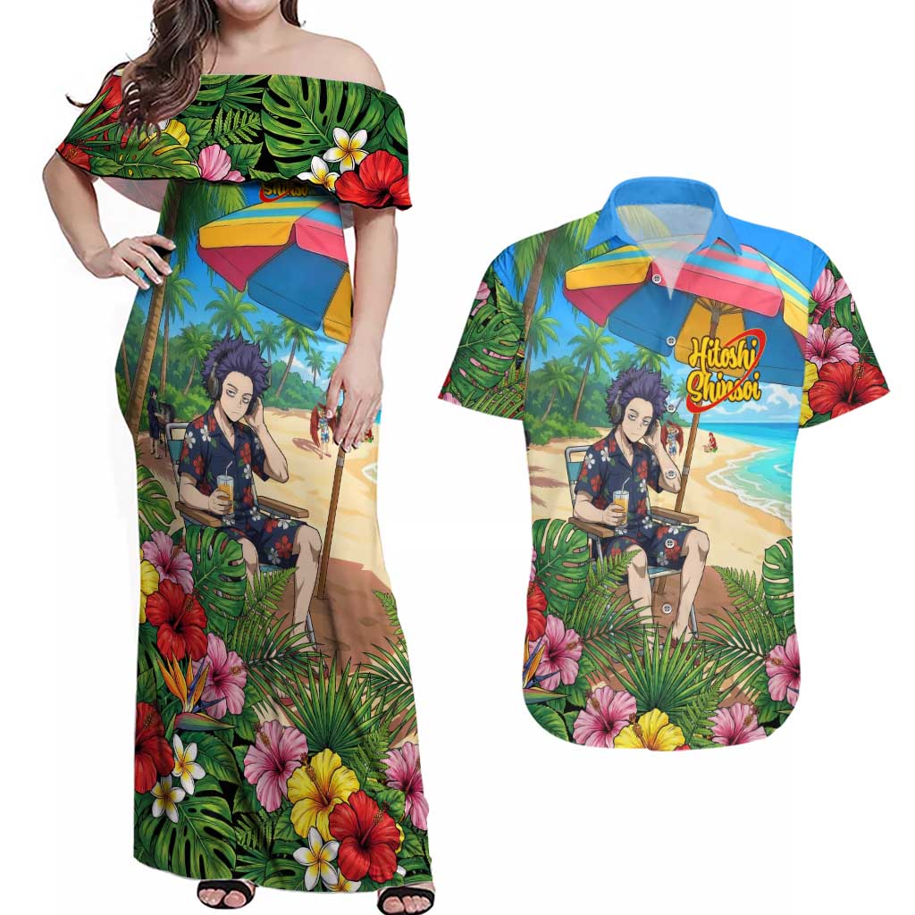 Hitoshi Shinso Summer Chill Couples Matching Off Shoulder Maxi Dress and Hawaiian Shirt Tropical Anime Lounge Scene
