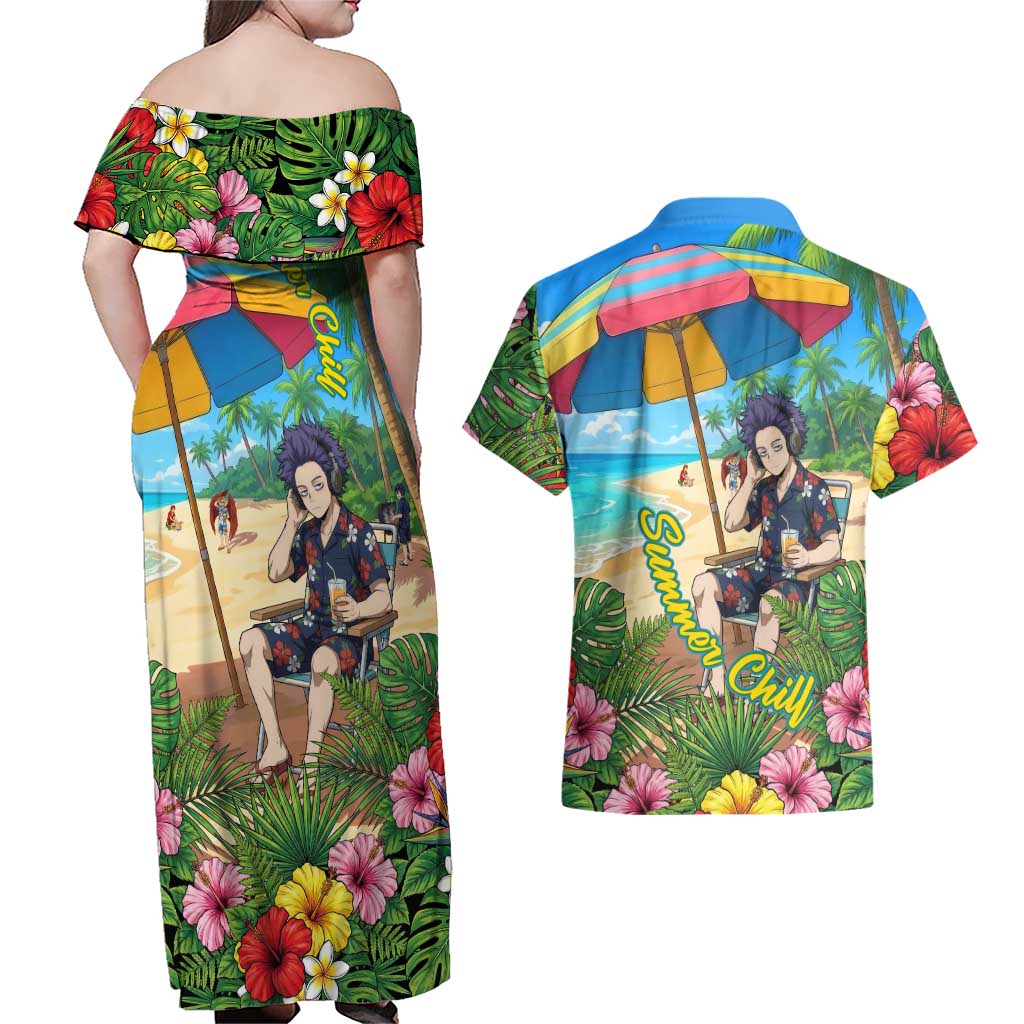 Hitoshi Shinso Summer Chill Couples Matching Off Shoulder Maxi Dress and Hawaiian Shirt Tropical Anime Lounge Scene