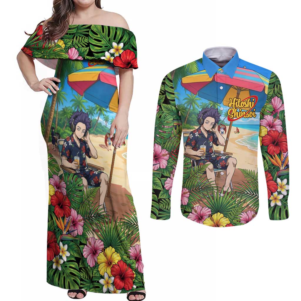 Hitoshi Shinso Summer Chill Couples Matching Off Shoulder Maxi Dress and Long Sleeve Button Shirt Tropical Anime Lounge Scene