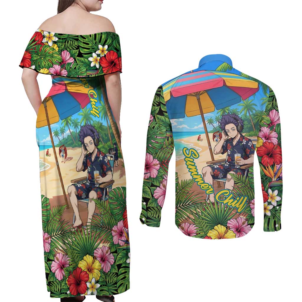 Hitoshi Shinso Summer Chill Couples Matching Off Shoulder Maxi Dress and Long Sleeve Button Shirt Tropical Anime Lounge Scene