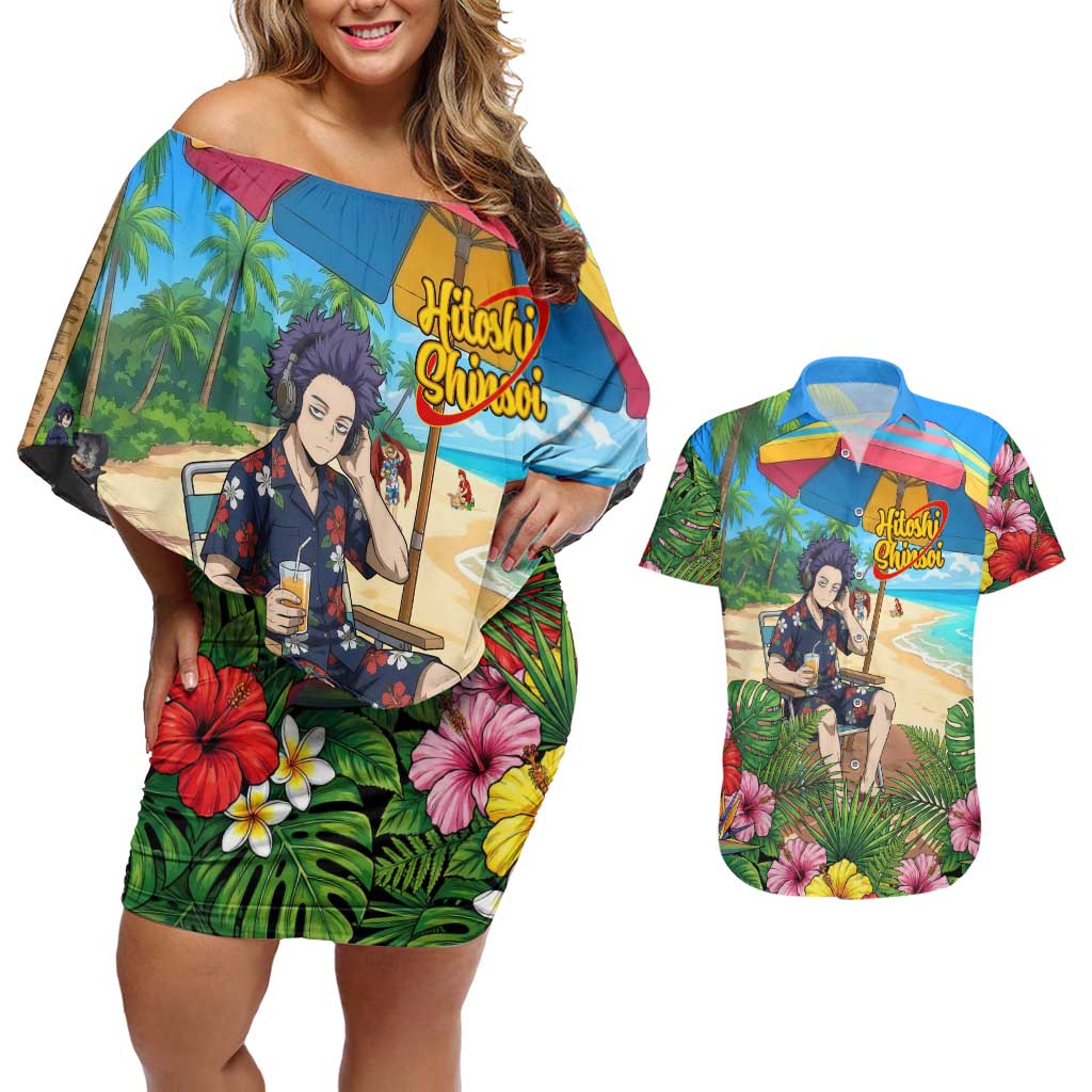 Hitoshi Shinso Summer Chill Couples Matching Off Shoulder Short Dress and Hawaiian Shirt Tropical Anime Lounge Scene