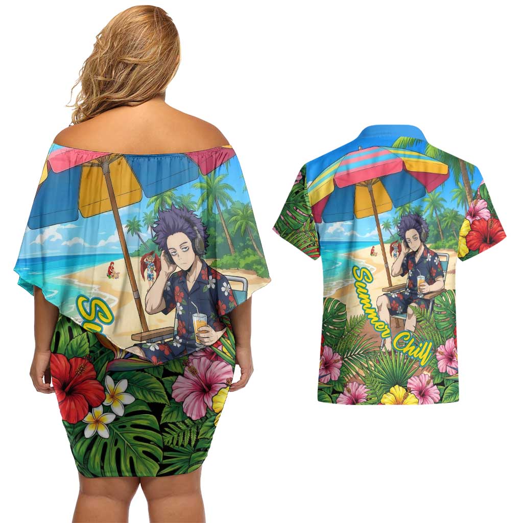 Hitoshi Shinso Summer Chill Couples Matching Off Shoulder Short Dress and Hawaiian Shirt Tropical Anime Lounge Scene