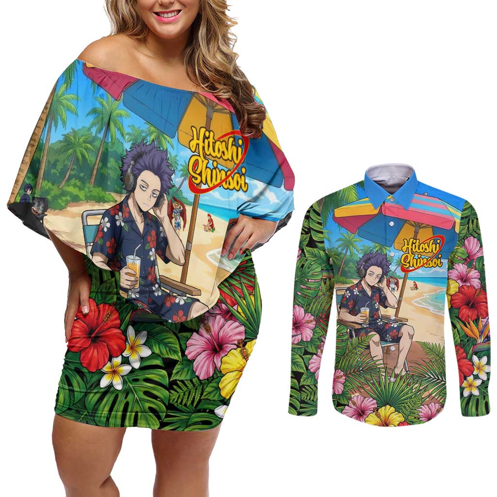 Hitoshi Shinso Summer Chill Couples Matching Off Shoulder Short Dress and Long Sleeve Button Shirt Tropical Anime Lounge Scene