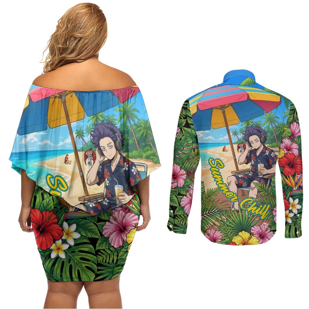 Hitoshi Shinso Summer Chill Couples Matching Off Shoulder Short Dress and Long Sleeve Button Shirt Tropical Anime Lounge Scene