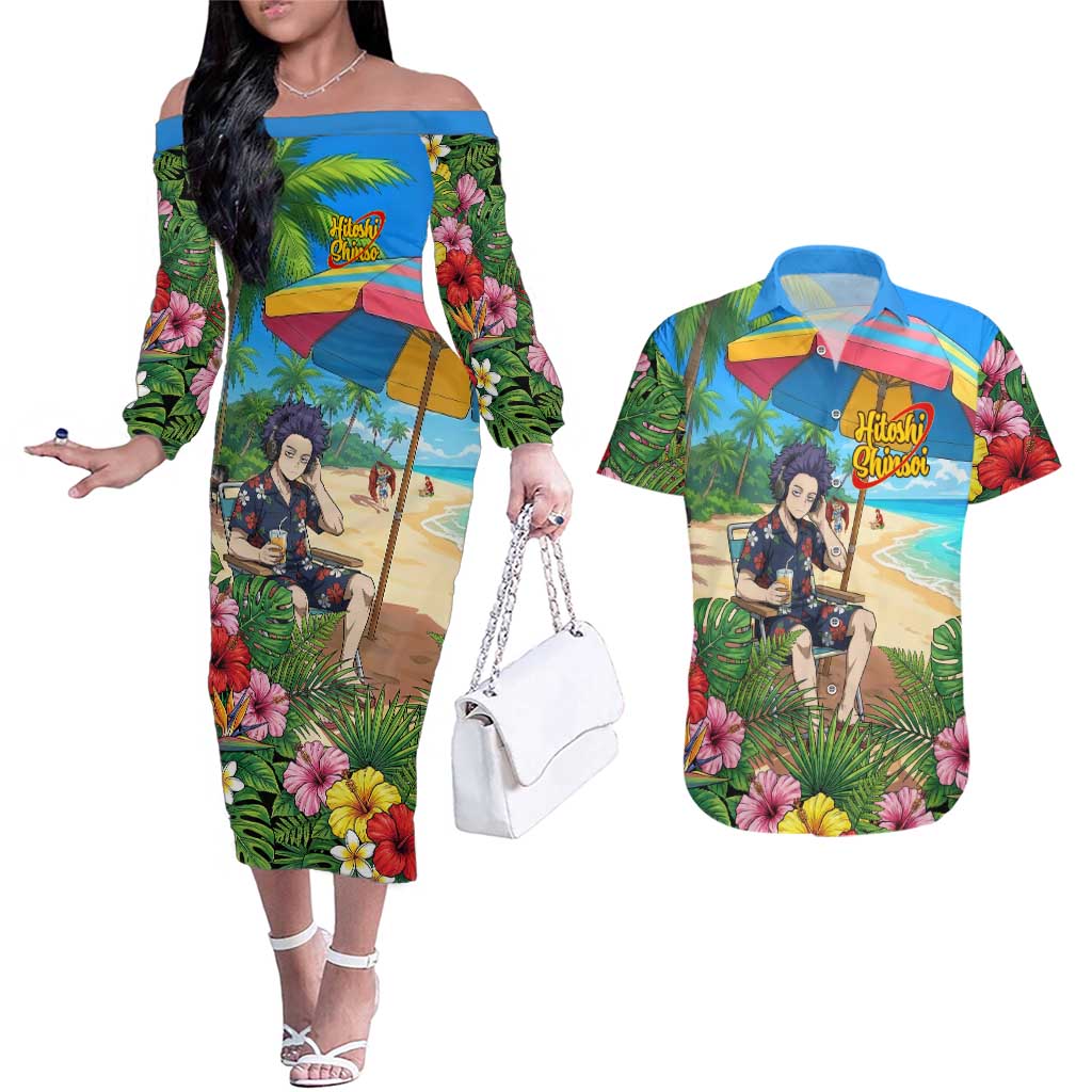 Hitoshi Shinso Summer Chill Couples Matching Off The Shoulder Long Sleeve Dress and Hawaiian Shirt Tropical Anime Lounge Scene