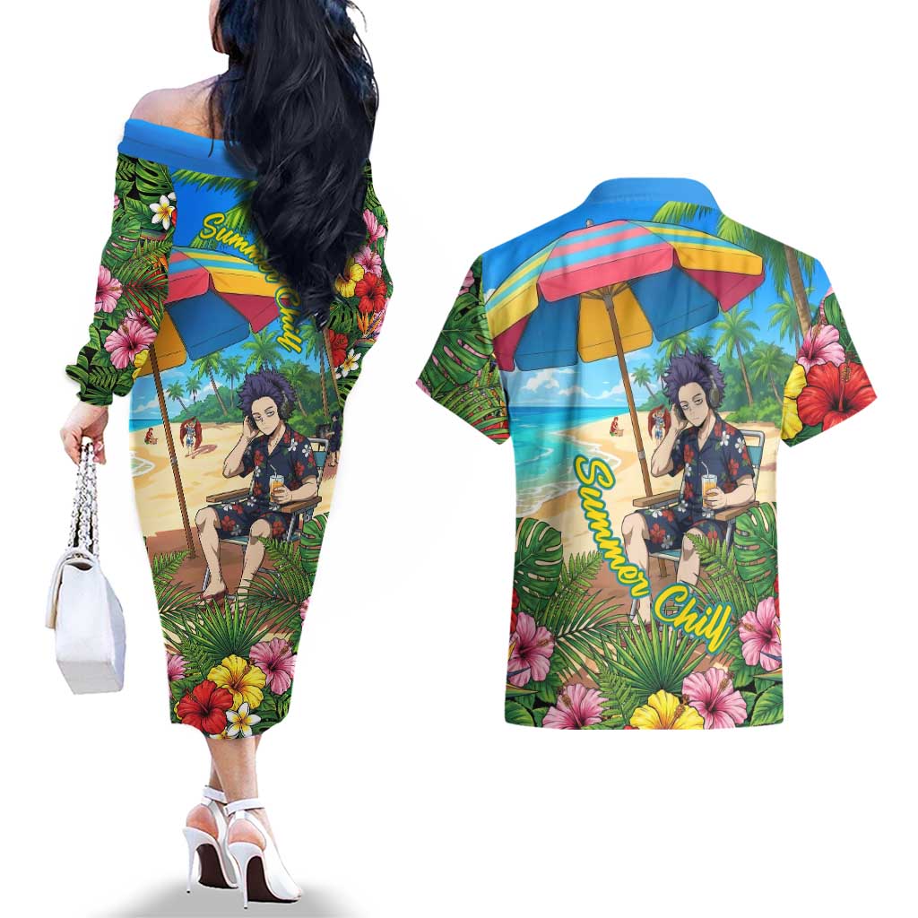 Hitoshi Shinso Summer Chill Couples Matching Off The Shoulder Long Sleeve Dress and Hawaiian Shirt Tropical Anime Lounge Scene