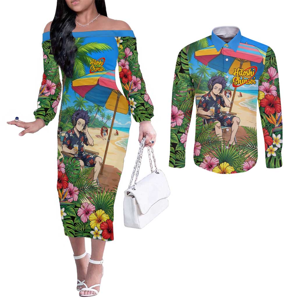 Hitoshi Shinso Summer Chill Couples Matching Off The Shoulder Long Sleeve Dress and Long Sleeve Button Shirt Tropical Anime Lounge Scene