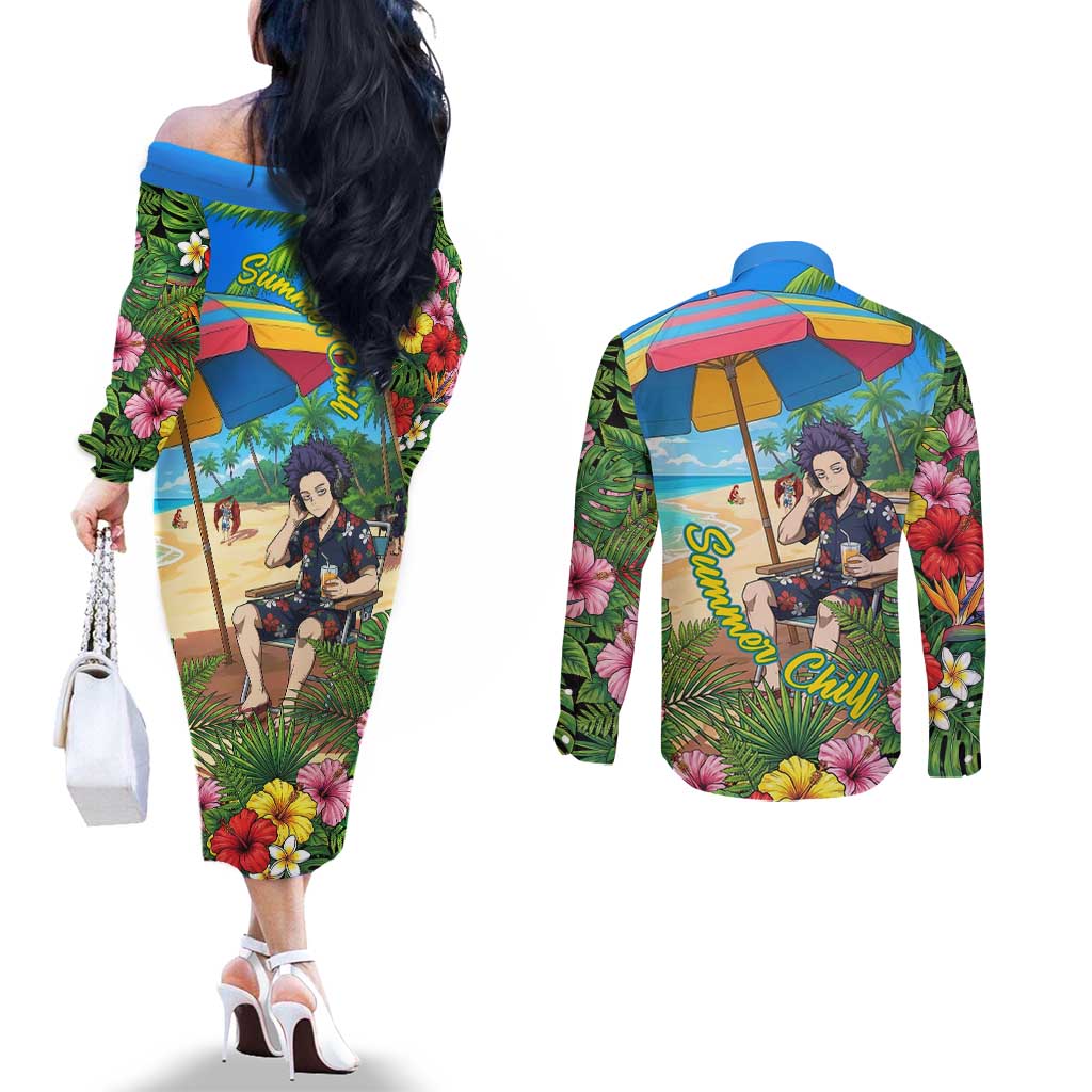 Hitoshi Shinso Summer Chill Couples Matching Off The Shoulder Long Sleeve Dress and Long Sleeve Button Shirt Tropical Anime Lounge Scene