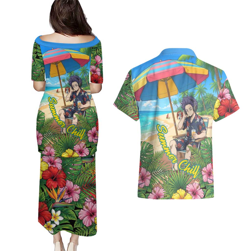 Hitoshi Shinso Summer Chill Couples Matching Puletasi and Hawaiian Shirt Tropical Anime Lounge Scene