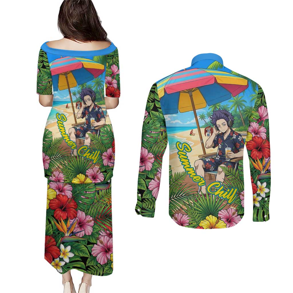 Hitoshi Shinso Summer Chill Couples Matching Puletasi and Long Sleeve Button Shirt Tropical Anime Lounge Scene