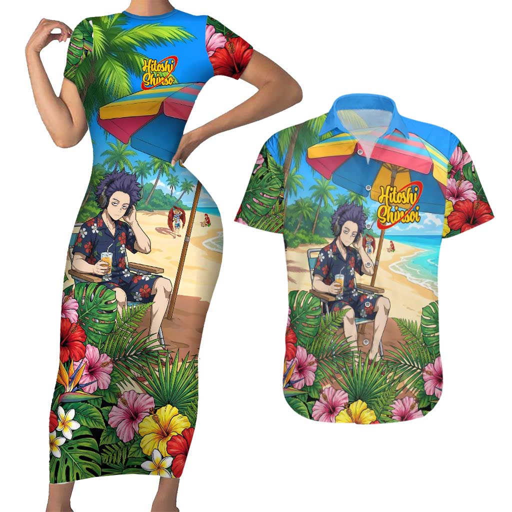 Hitoshi Shinso Summer Chill Couples Matching Short Sleeve Bodycon Dress and Hawaiian Shirt Tropical Anime Lounge Scene