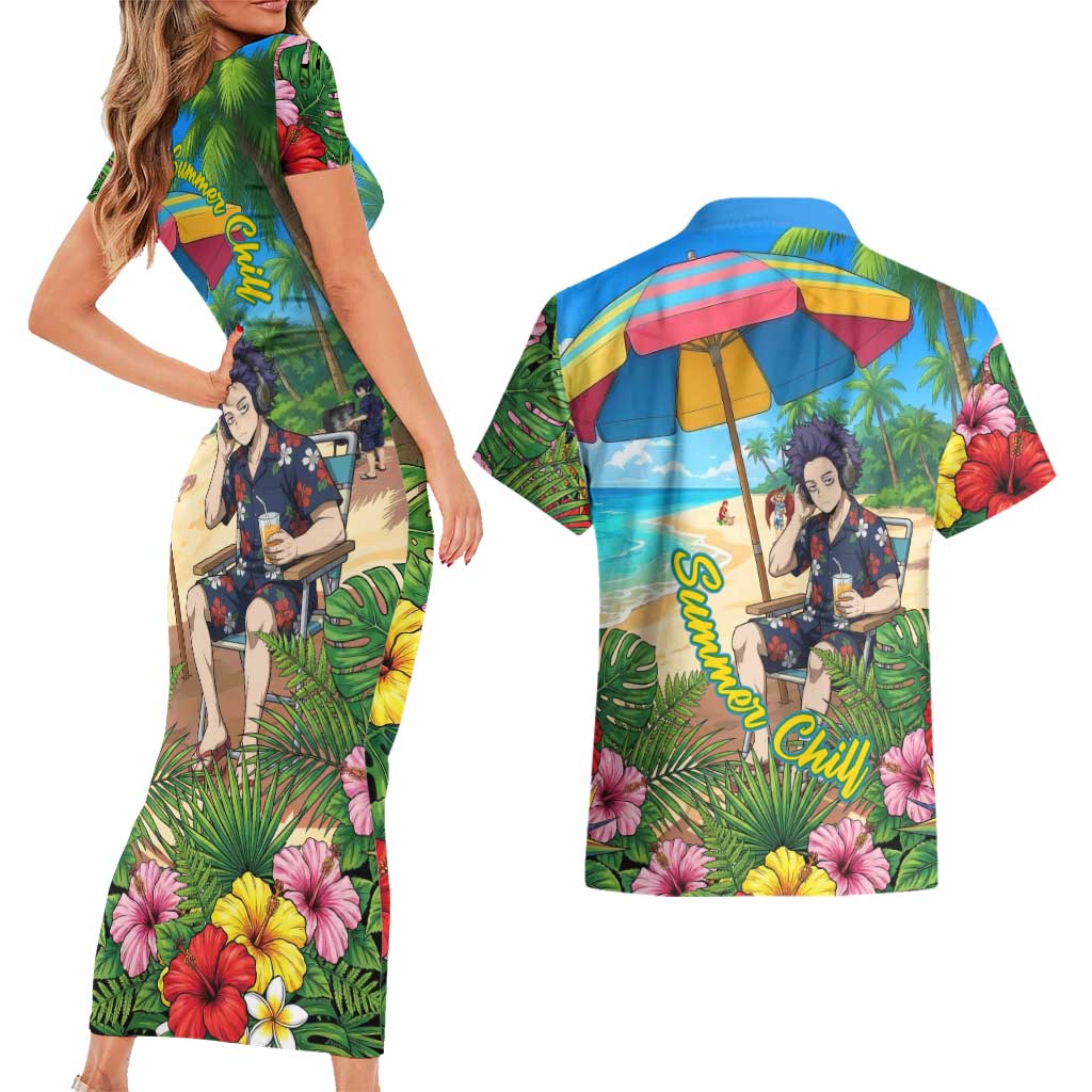 Hitoshi Shinso Summer Chill Couples Matching Short Sleeve Bodycon Dress and Hawaiian Shirt Tropical Anime Lounge Scene
