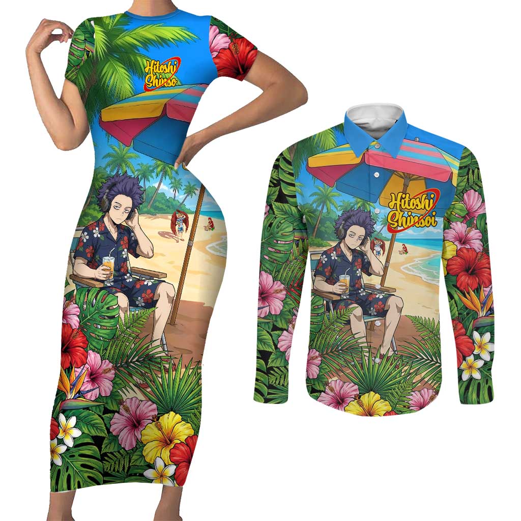 Hitoshi Shinso Summer Chill Couples Matching Short Sleeve Bodycon Dress and Long Sleeve Button Shirt Tropical Anime Lounge Scene
