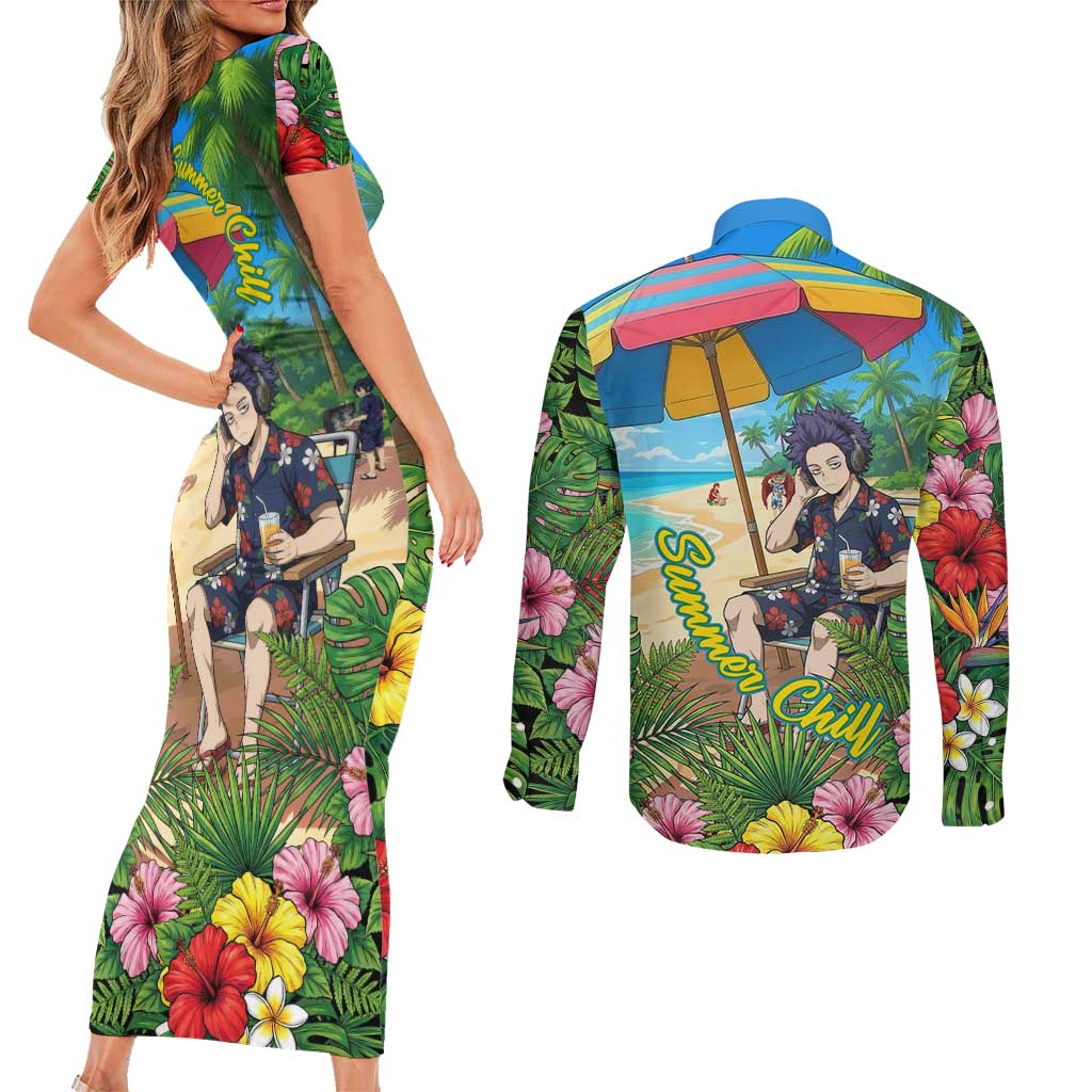 Hitoshi Shinso Summer Chill Couples Matching Short Sleeve Bodycon Dress and Long Sleeve Button Shirt Tropical Anime Lounge Scene