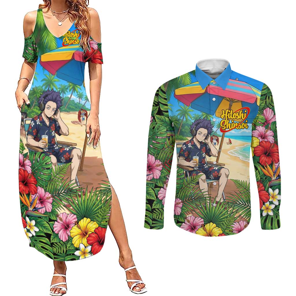 Hitoshi Shinso Summer Chill Couples Matching Summer Maxi Dress and Long Sleeve Button Shirt Tropical Anime Lounge Scene
